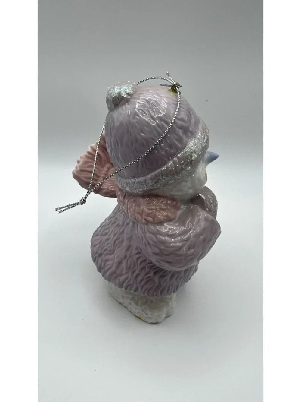 Ceramic Snowman Ornament With Glitter Hat & Scarf Lavender & Pink Accents Hangin